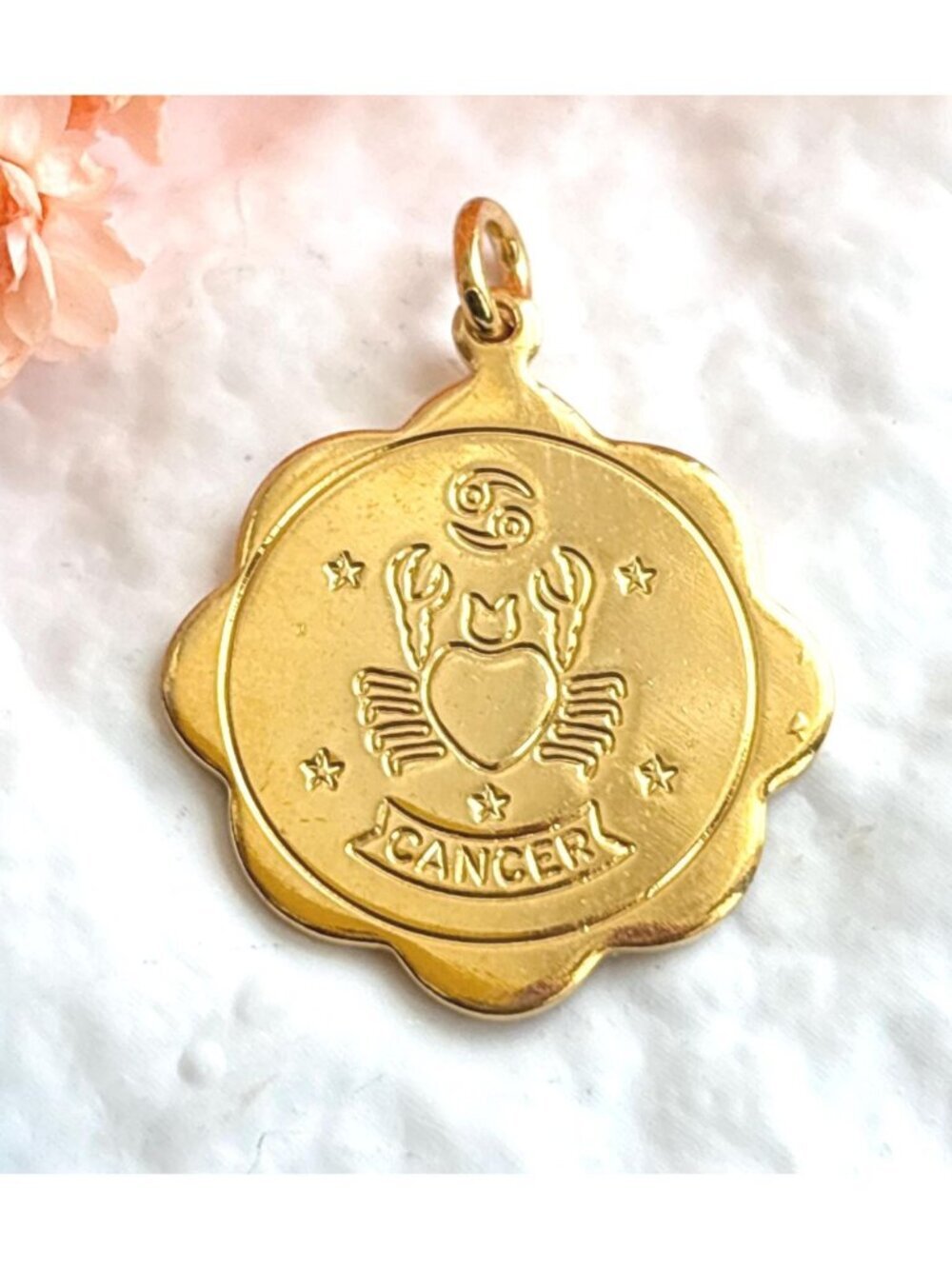 Cancer Zodiac Scalloped Gold Toned Vintage Pendant Necklace w/ Black Rope - 26"